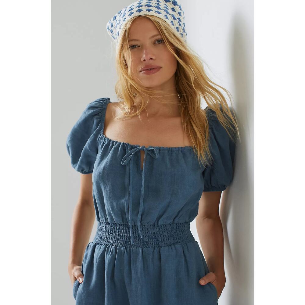 Cloth & Stone Dress Size Small NEW Anthropologie 100% Linen Mini Blue Smock NWOT - Picture 3 of 16